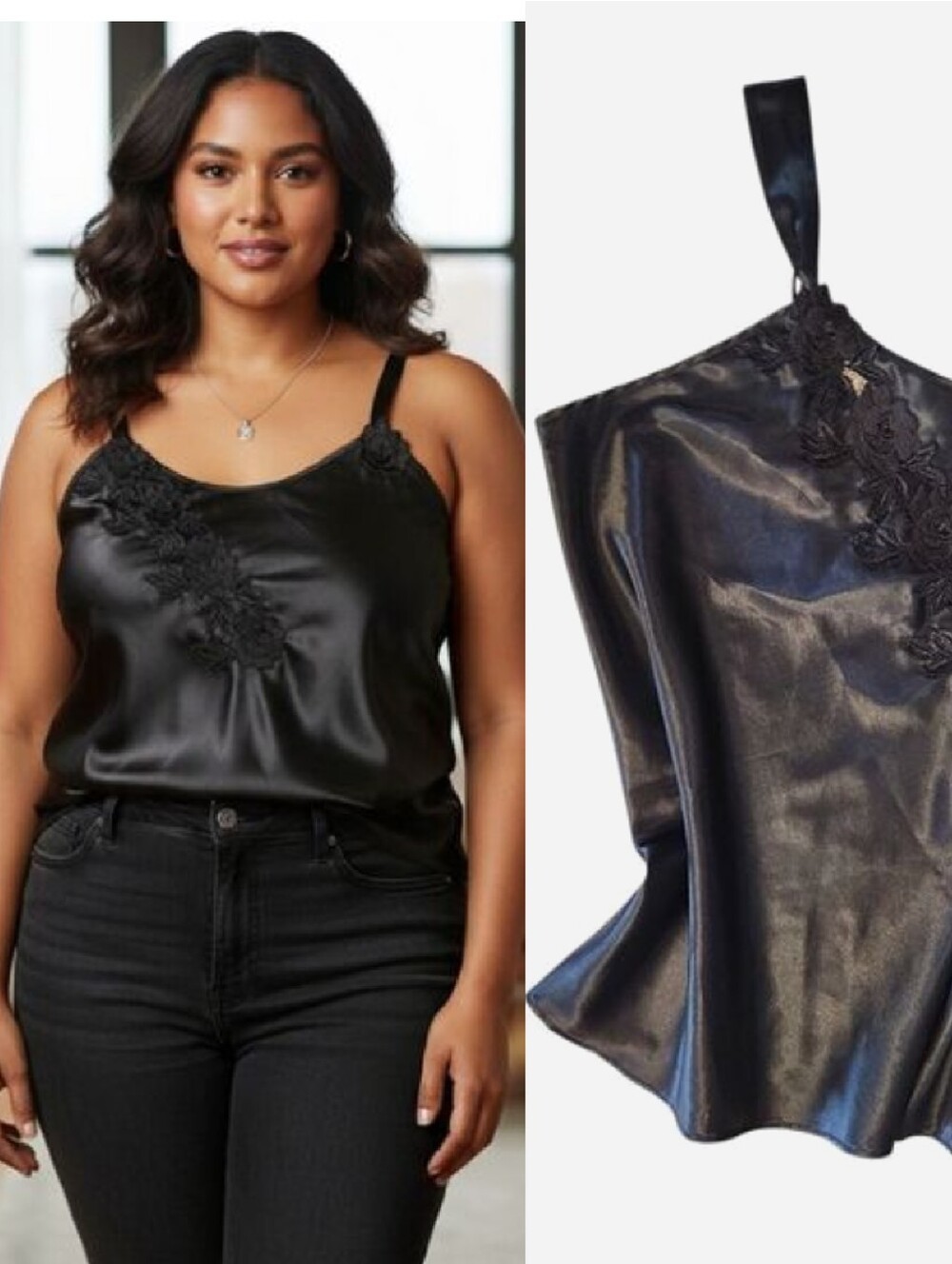 VTG Silhouettes Black Satin‎ Floral Applique Camisole Tank Plus 2X Dark Coquette